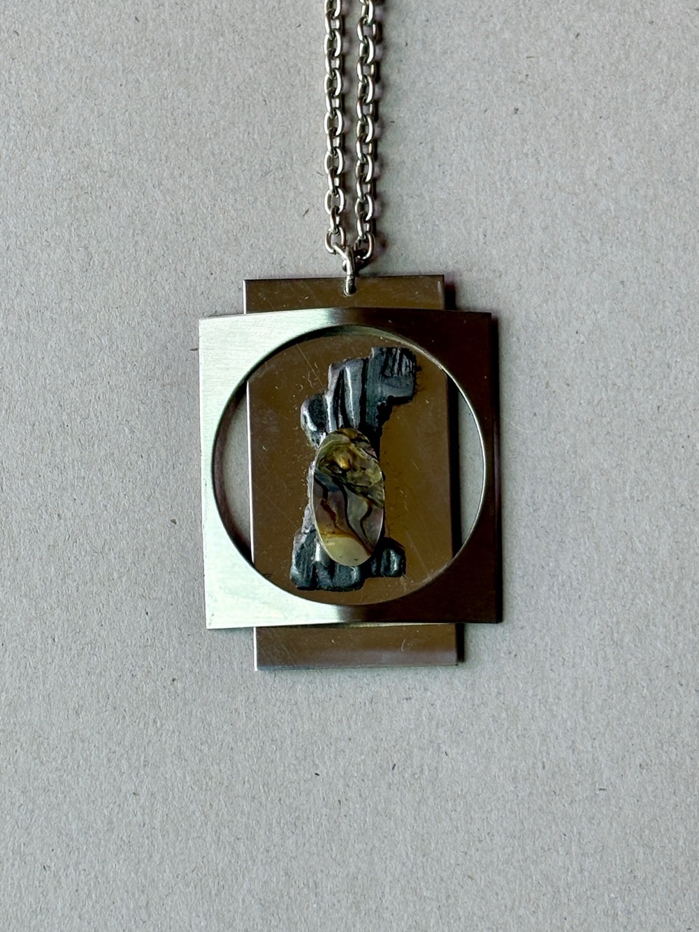 Mid Century Modernist Mirrored Silver Abalone Pendant Necklace 28”